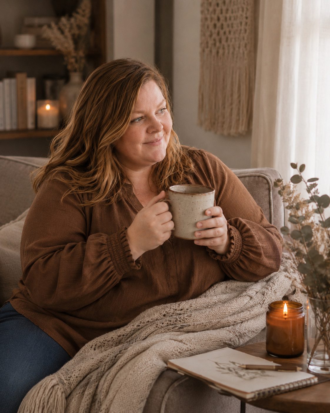 Jennie mit einer Tasse Kaffee auf dem Sofa